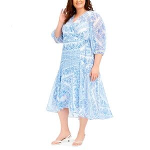🛍️ CALVIN KLEIN Bandana-Print Wrap Blue White 3/4 Sleeve Dress - Size 18